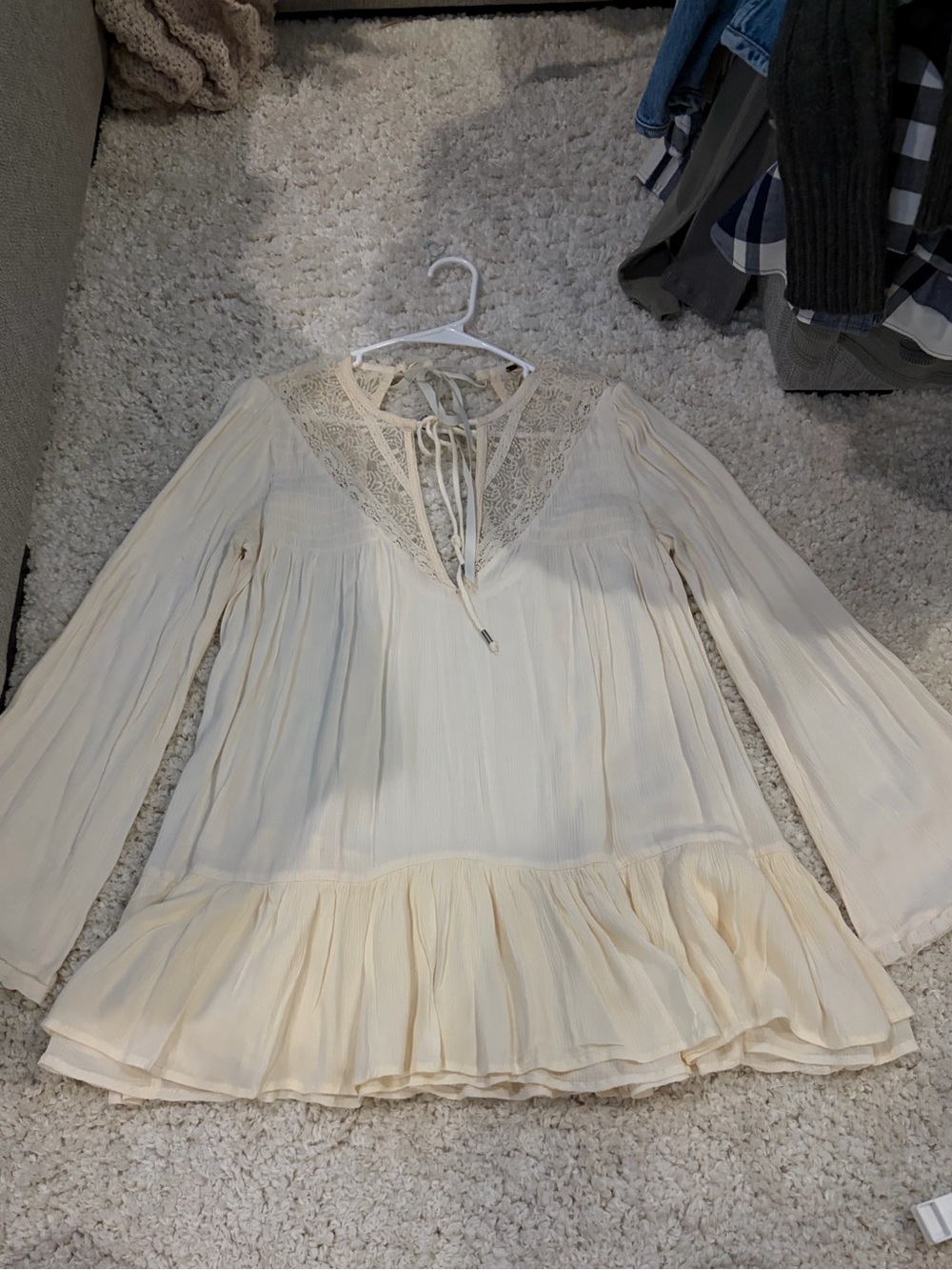 Free People Cream Lace-Trim Boho Peasant Blouse